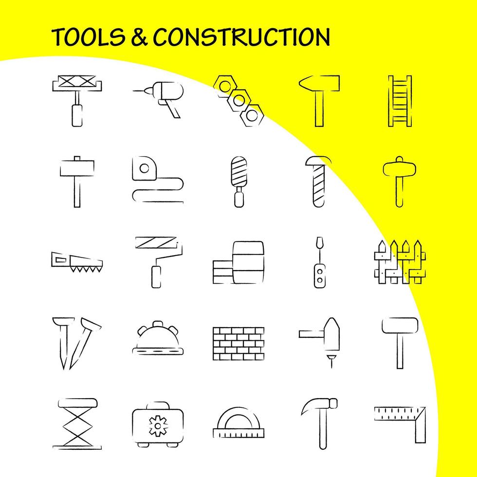 herramientas y construcción paquete de iconos dibujados a mano para diseñadores y desarrolladores iconos de caja caso cog construcción construcción cinta métrica vector de cinta