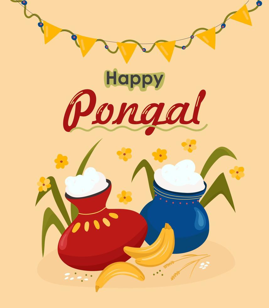 Happy Pongal holiday illustration. Religious festival of South India. Postcard and background for India Harvest Festival. vector