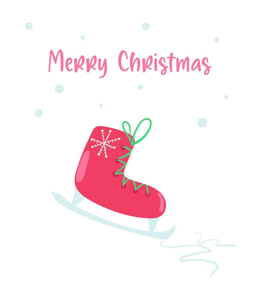 postal de feliz navidad. patines sobre hielo. tema de invierno de navidad. ilustración para impresión navideña, postales, papelería, embalaje vector