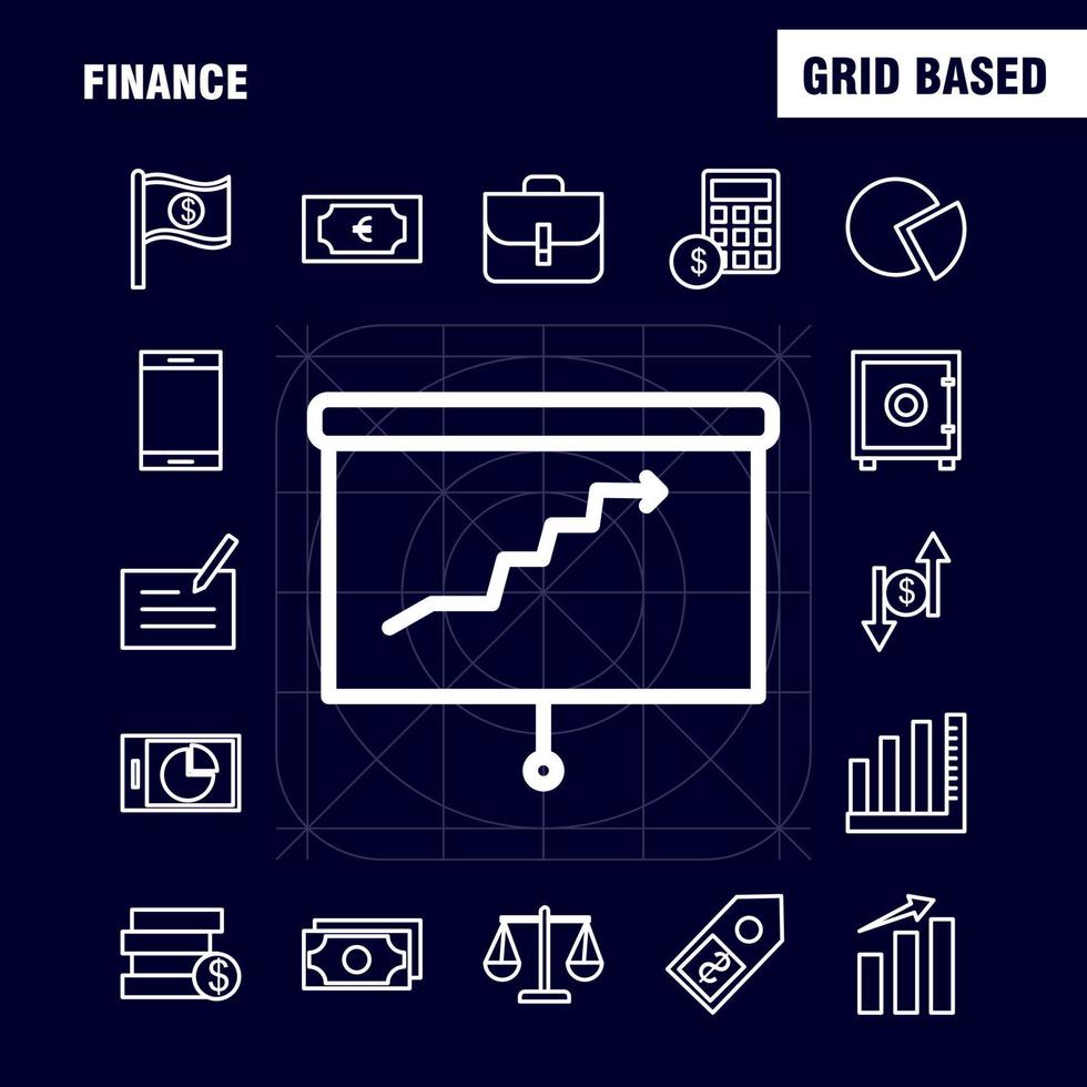 los iconos de línea de finanzas establecidos para infografías kit de uxui móvil y diseño de impresión incluyen gráfico circular presentación de negocios campana sonando colección de anillos logotipo y pictograma de infografía moderna vector