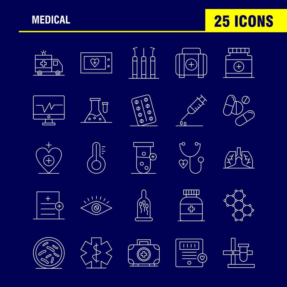 los iconos de línea médica establecidos para el kit de uxui móvil de infografía y el diseño de impresión incluyen ambulancia médico atención médica hospital corazón escáner médico estadística eps 10 vector