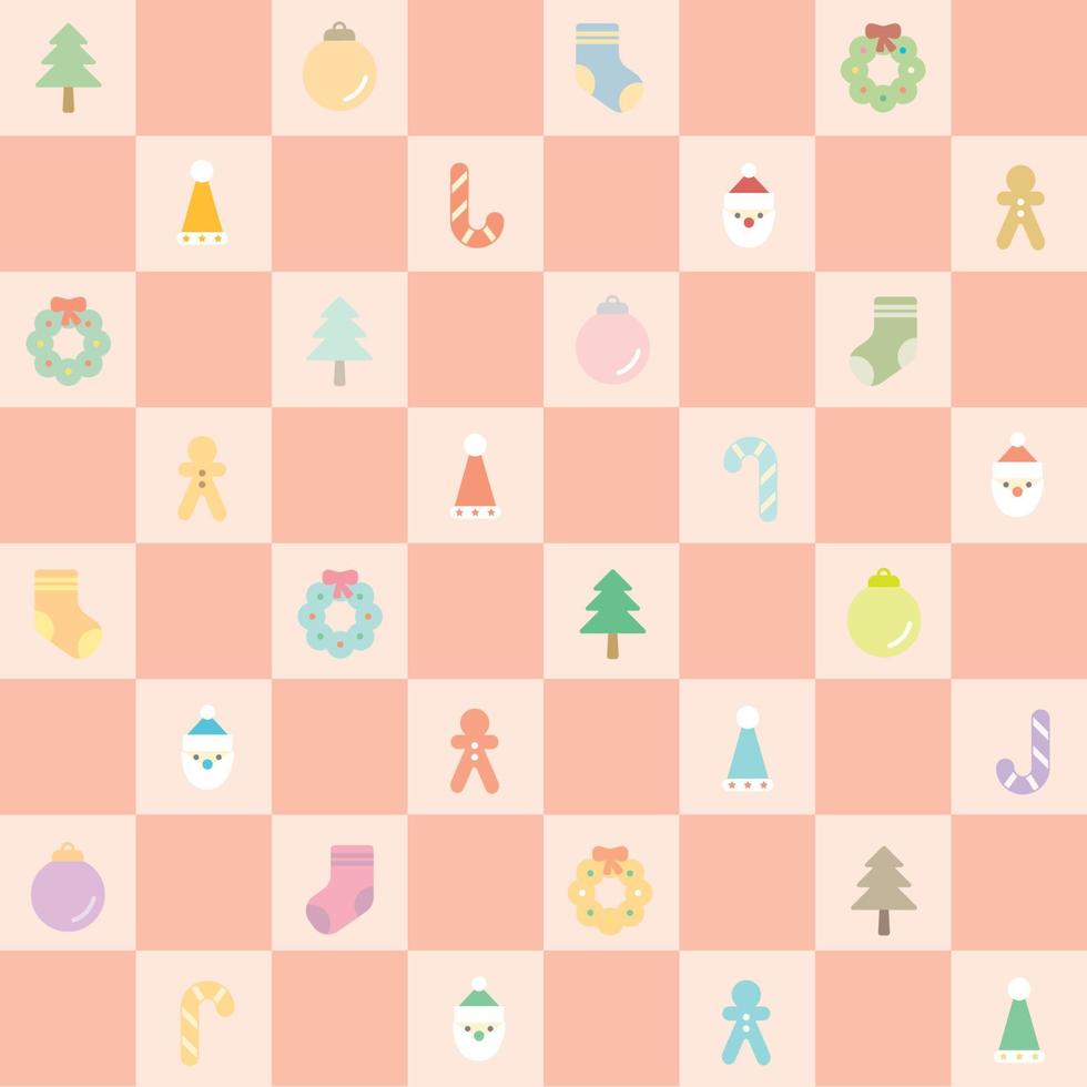 Tartan checked plaids with Christmas elements pastel colors. Seamless Chess table background with Christmas icons. vector