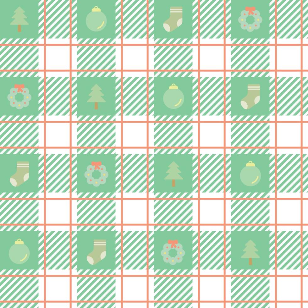 Tartan checked plaids red and green colors with Christmas elements. Seamless fabric texture Christmas theme pastel colors background. vector