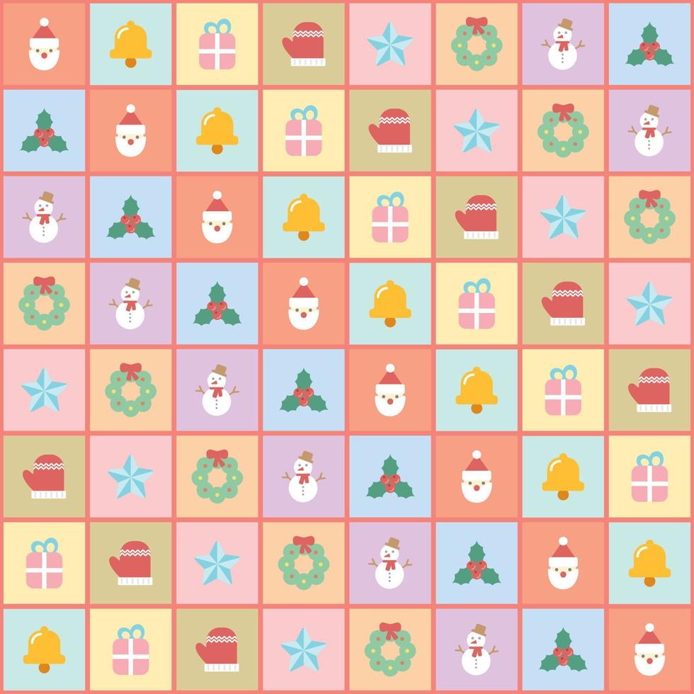 Checked pattern with Christmas cartoon icons. Seamless Christmas theme pastel colors background. vector