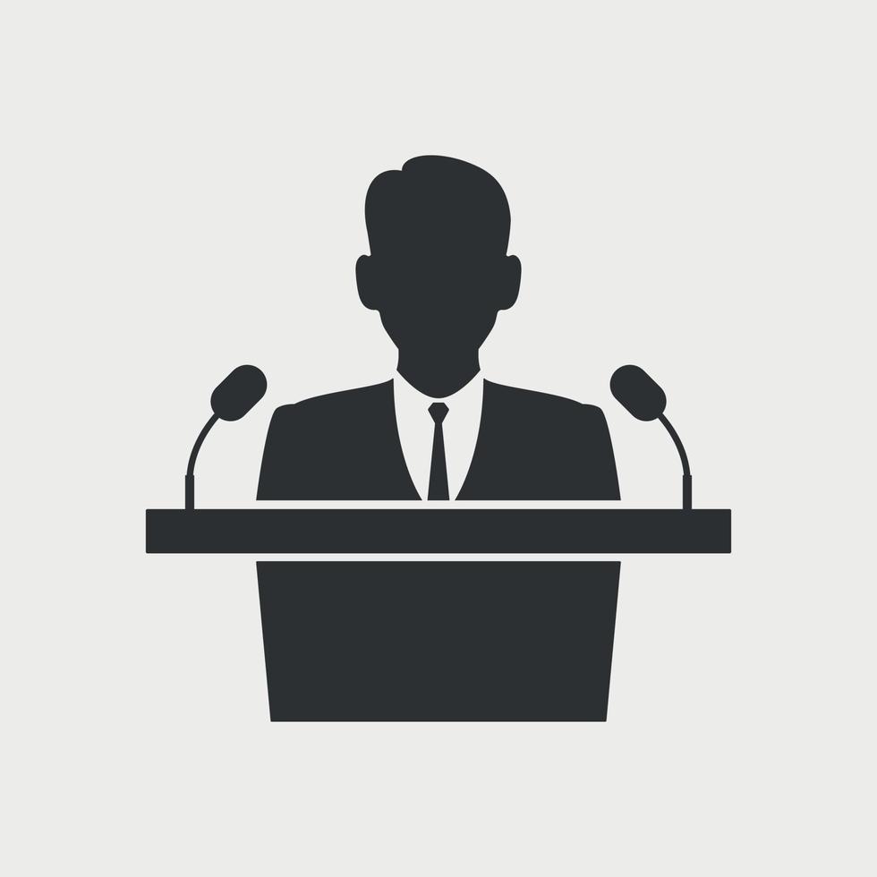Man Speaker talking into microphones at podium tribune. Official person in suit during public speech, communication with people. vector