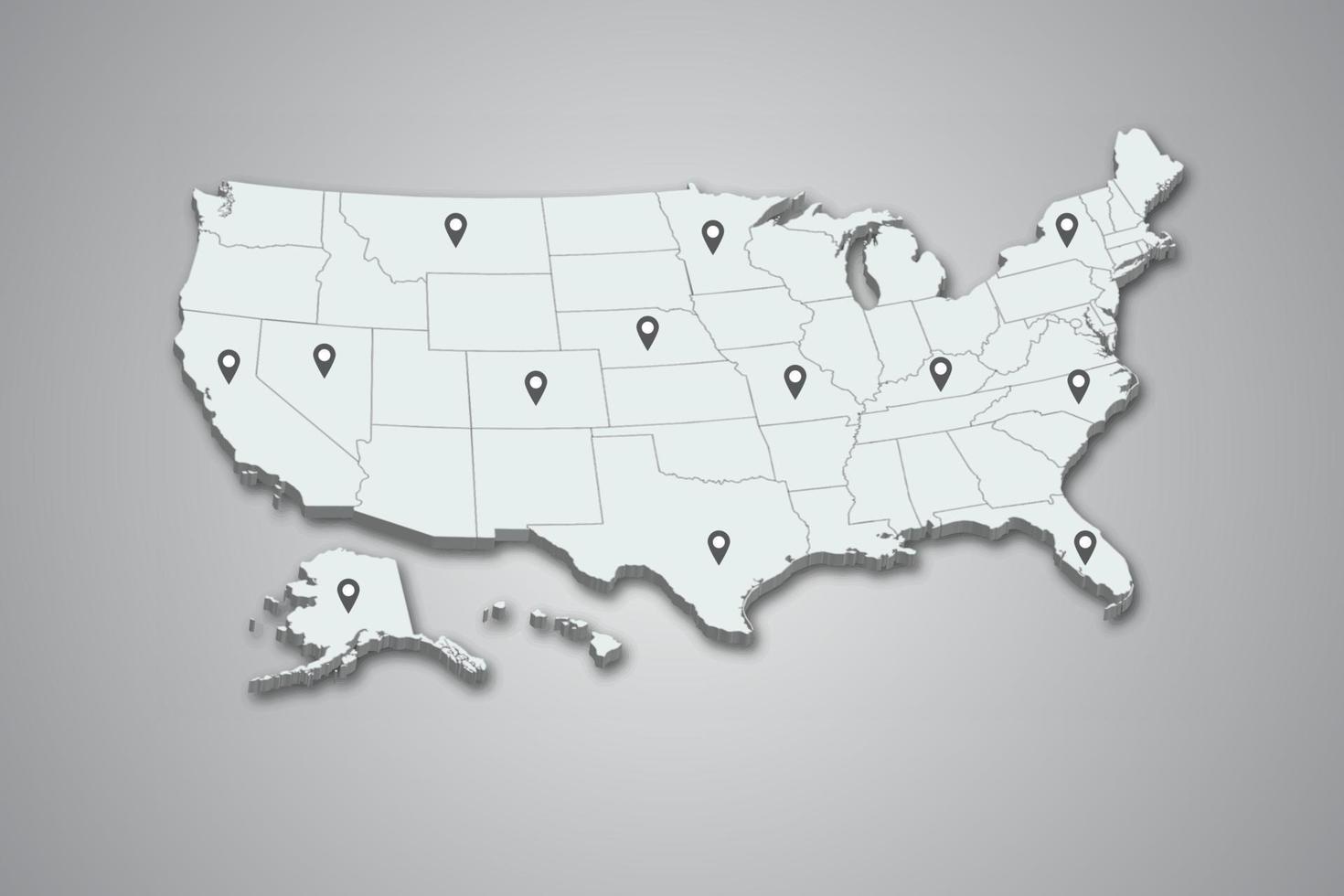 mapa de estados unidos 3d con ilustración de pin de mapa sobre fondo aislado vector