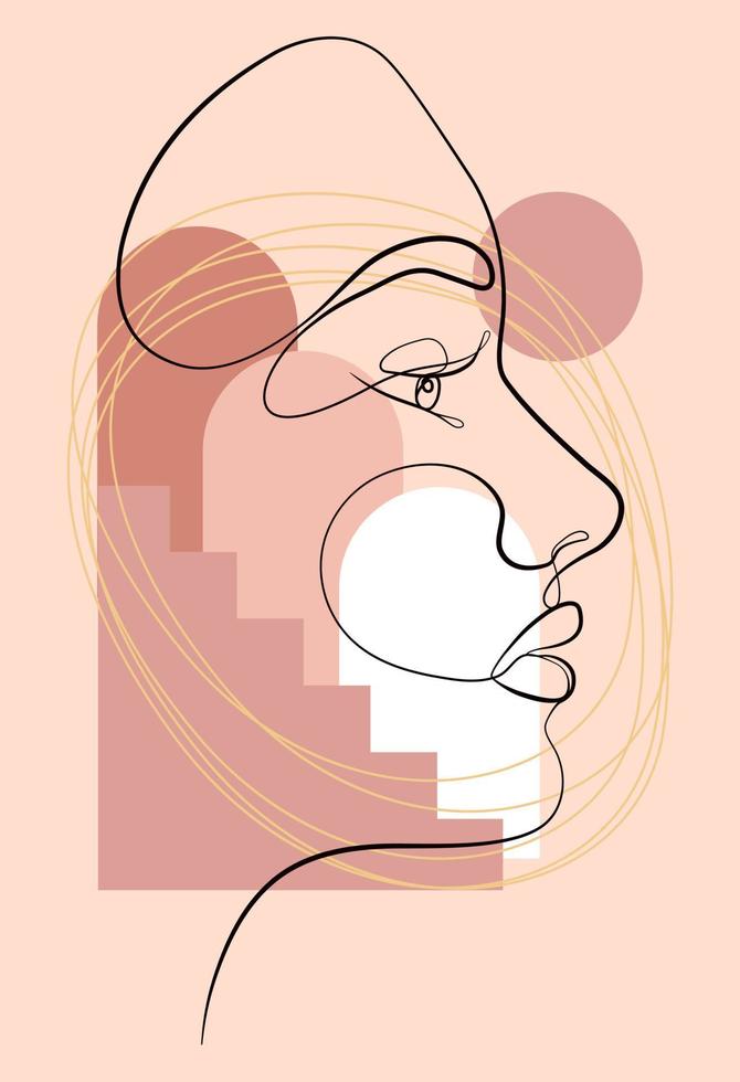 Vector portrait in minimalist style. Geometric shapes, leaves, female portrait. Hand-drawn abstract female print. Used for social media stories, beauty logos, poster illustrations.