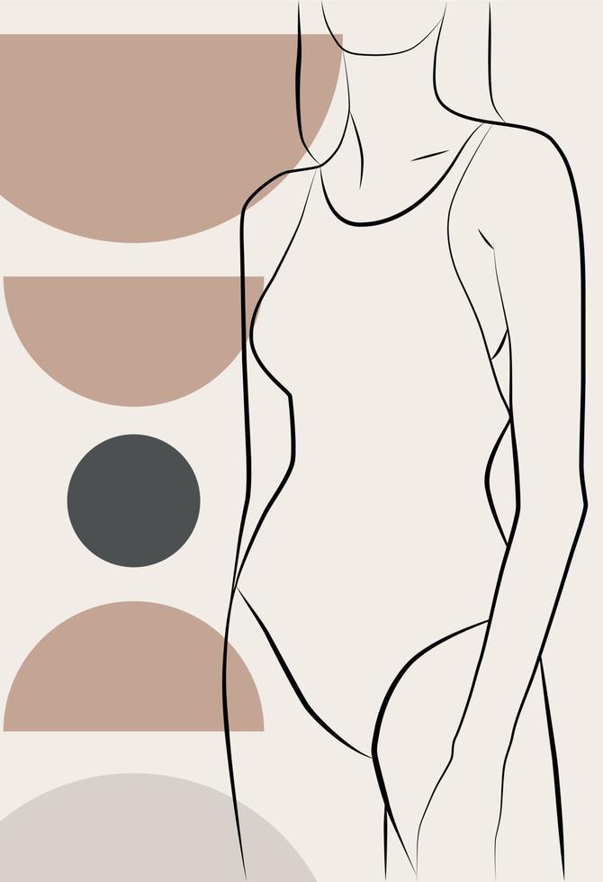 Abstract drawing with a female face, silhouette, elements of simple geometric shapes, in a linear drawing. Abstract. A woman's body. vector