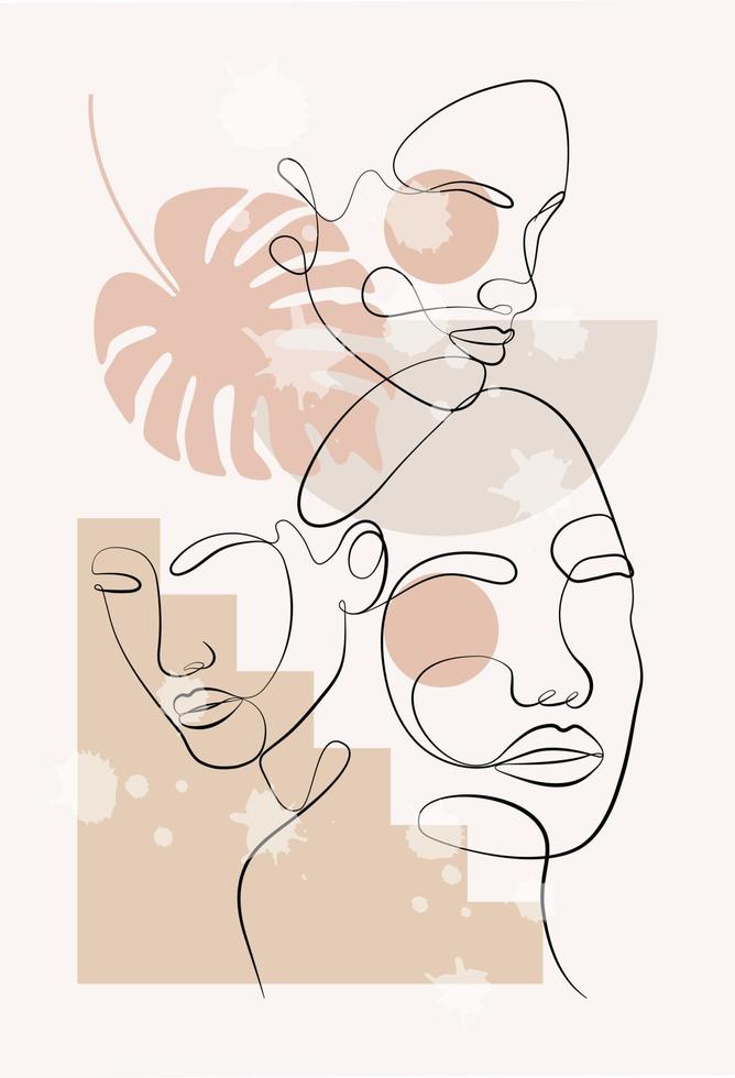 Vector portrait in minimalist style. Geometric shapes, leaves, female portrait. Hand-drawn abstract female print. Used for social media stories, beauty logos, poster illustrations.