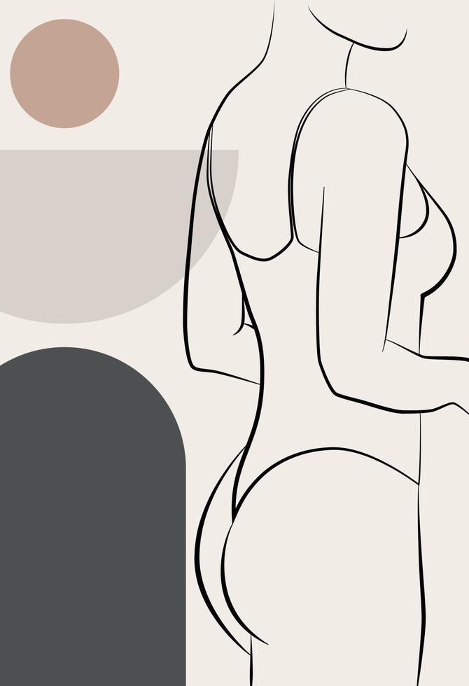 Abstract drawing with a female face, silhouette, elements of simple geometric shapes, in a linear drawing. Abstract. A woman's body. vector