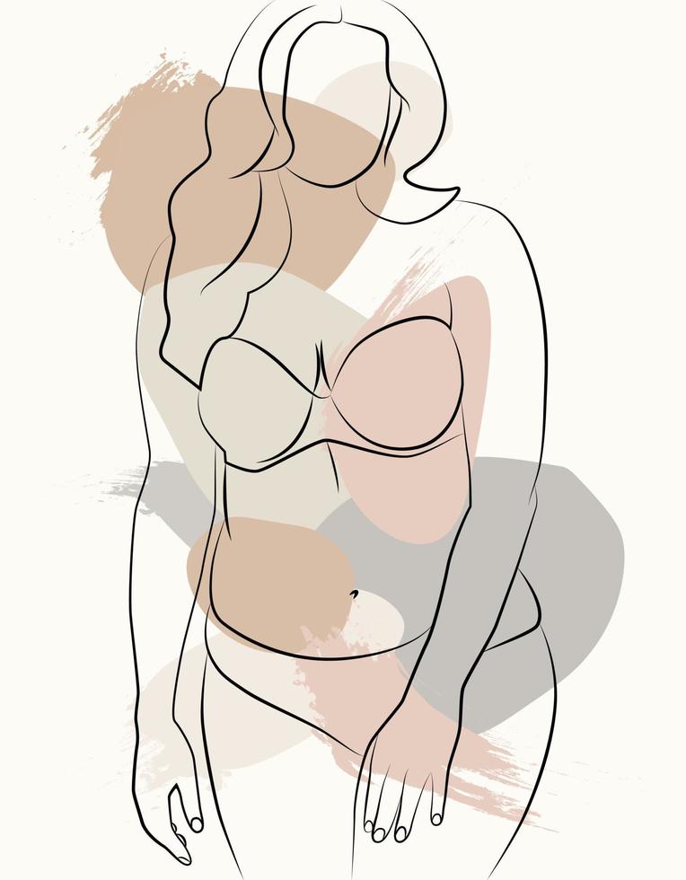 A simple body-positive elegant poster. Beautiful illustration of the line of a seductive female body. Minimalistic linear female figure. Abstract nude sensual linear art. vector