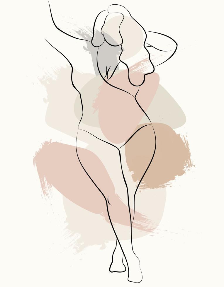 A simple body-positive elegant poster. Beautiful illustration of the line of a seductive female body. Minimalistic linear female figure. Abstract nude sensual linear art. vector