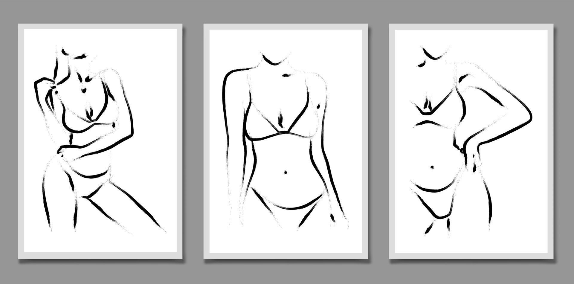 Three illustrations. Vector set of illustrations of a beautiful female body. Minimalistic linear female figure. Abstract underwear.