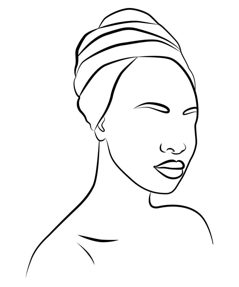 The face is one line. An African woman in a traditional headdress. Avatar of a girl with a scarf on. Portrait of a girl. Vector flat illustration.