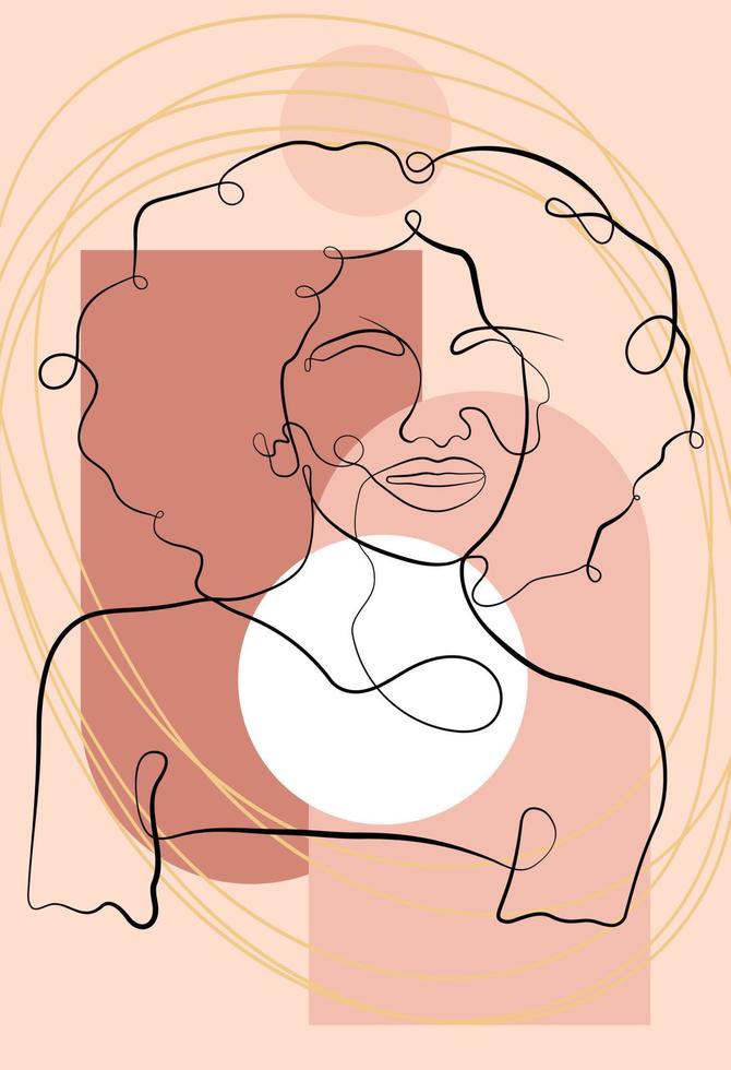 Female faces of the same line. Abstract geometric shapes. Continuous female portrait. Geometric shapes and floral elements in a modern minimalist style. vector