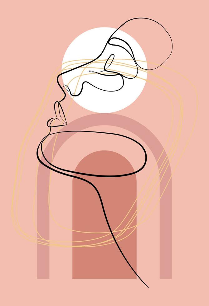 Vector portrait in minimalist style. Geometric shapes, leaves, female portrait. Hand-drawn abstract female print. Used for social media stories, beauty logos, poster illustrations.