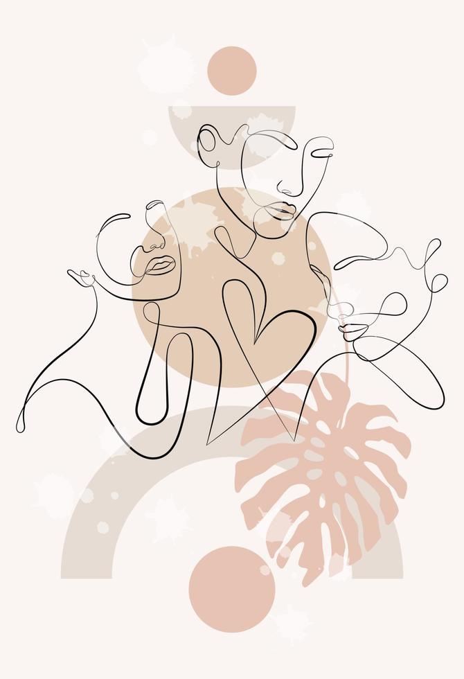 Vector portrait in minimalist style. Geometric shapes, leaves, female portrait. Hand-drawn abstract female print. Used for social media stories, beauty logos, poster illustrations.