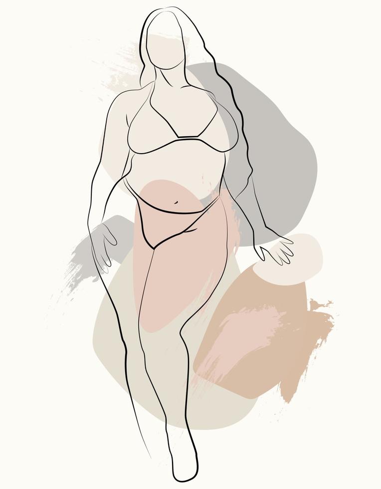 A simple body-positive elegant poster. Beautiful illustration of the line of a seductive female body. Minimalistic linear female figure. Abstract nude sensual linear art. vector