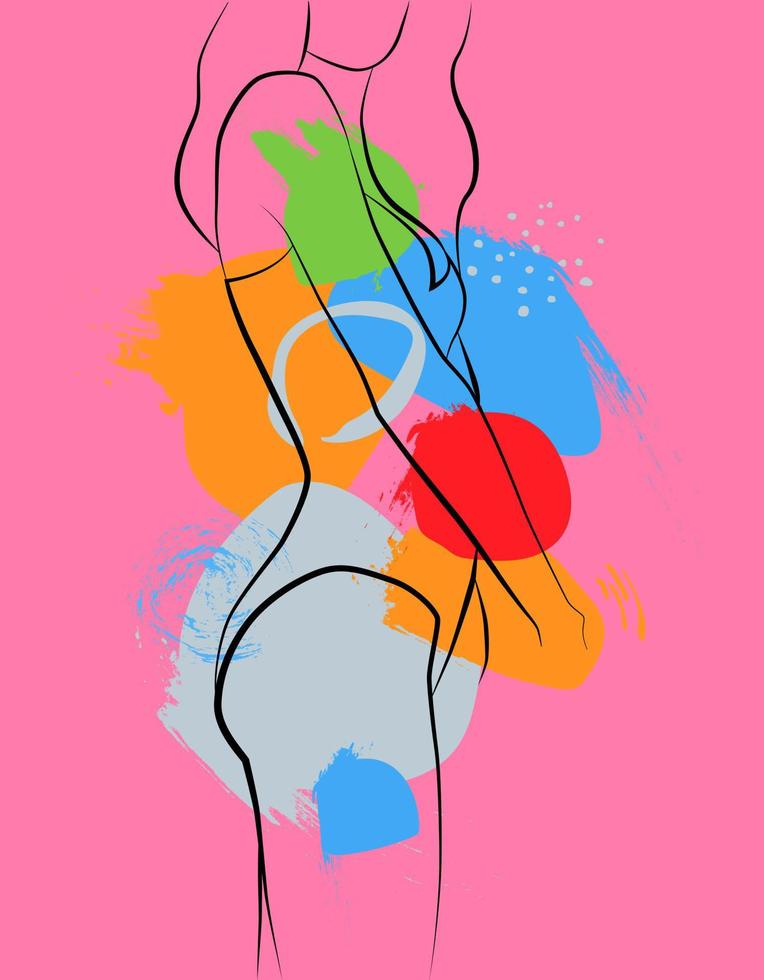 A simple body-positive elegant poster. Beautiful illustration of the line of a seductive female body. Minimalistic linear female figure. vector