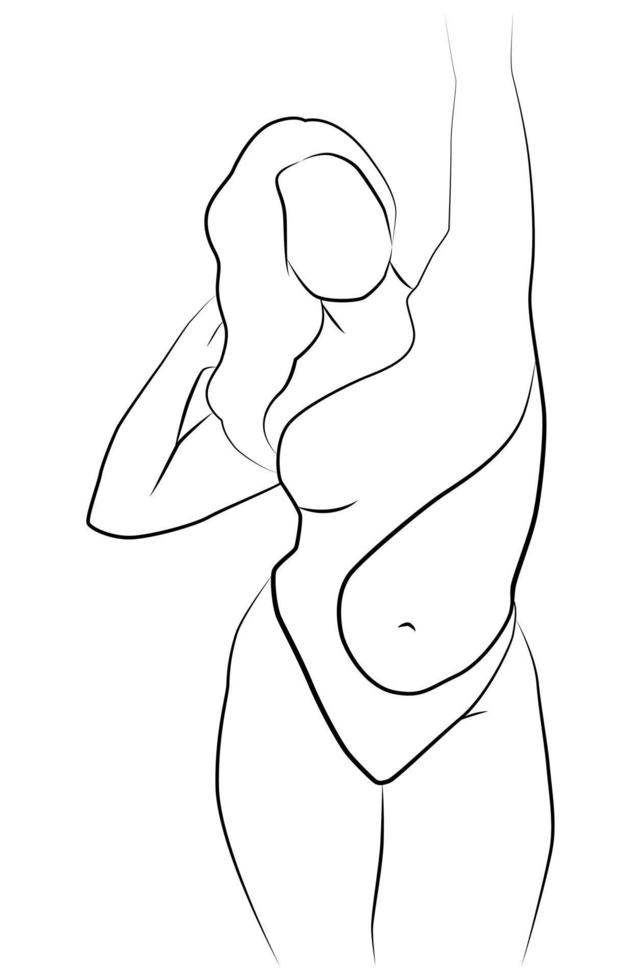 A simple body-positive elegant poster. Beautiful illustration of the line of a seductive female body. Minimalistic linear female figure. vector