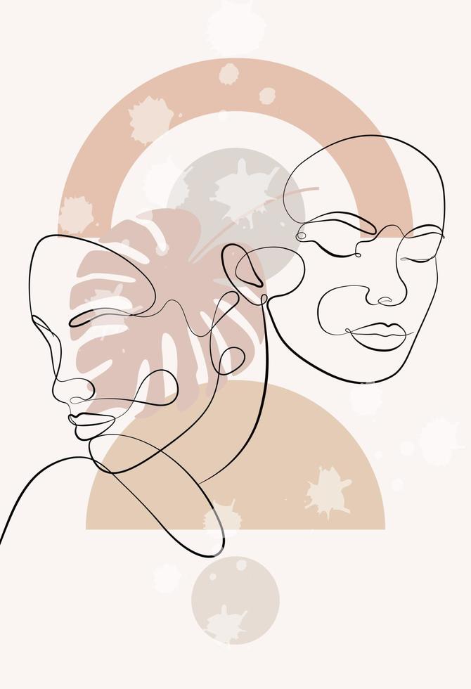 Female faces of the same line. Abstract geometric shapes. Continuous female portrait. Geometric shapes and floral elements in a modern minimalist style. vector