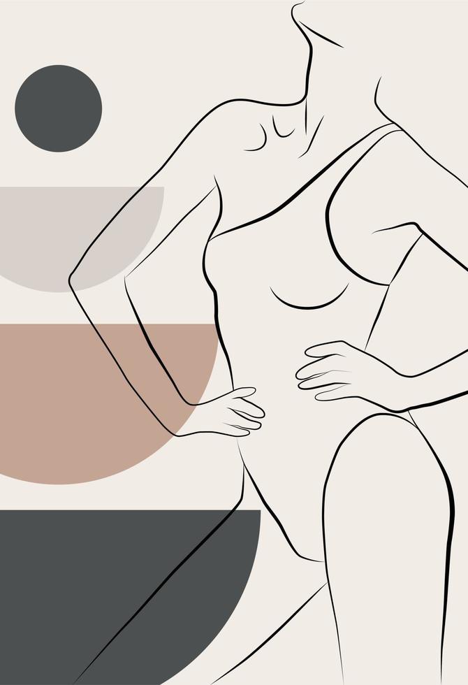 Abstract drawing with a female face, silhouette, elements of simple geometric shapes, in a linear drawing. Abstract. A woman's body. vector