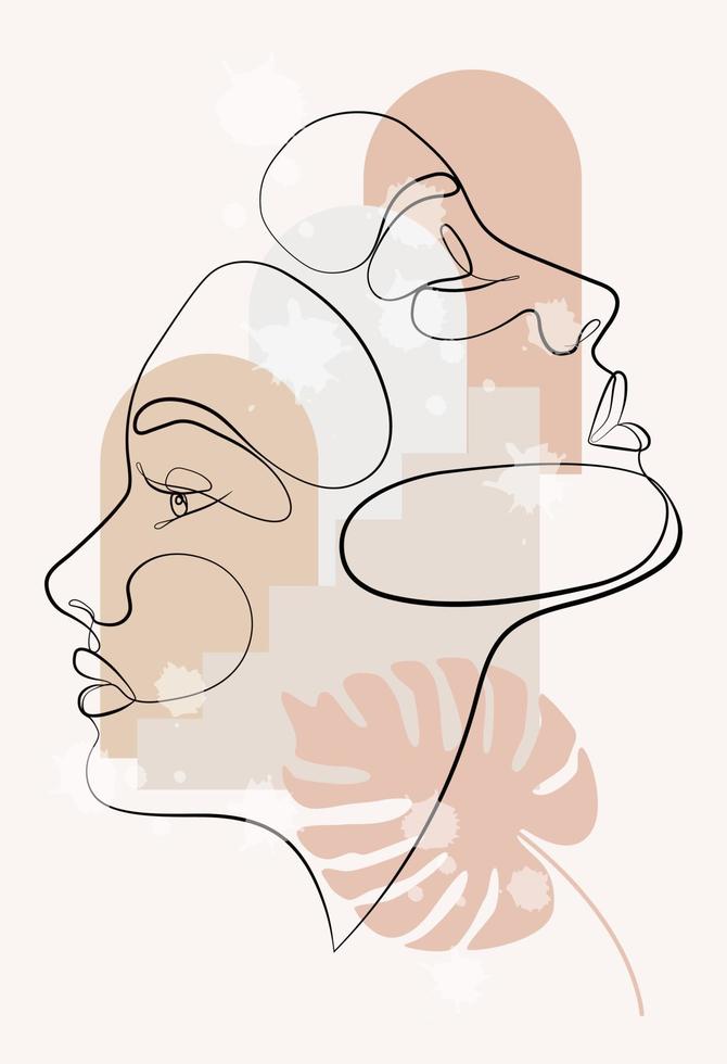 Vector portrait in minimalist style. Geometric shapes, leaves, female portrait. Hand-drawn abstract female print. Used for social media stories, beauty logos, poster illustrations.