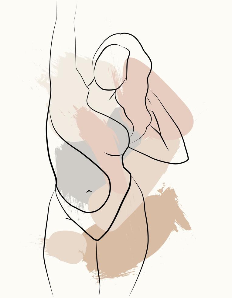 A simple body-positive elegant poster. Beautiful illustration of the line of a seductive female body. Minimalistic linear female figure. Abstract nude sensual linear art. vector