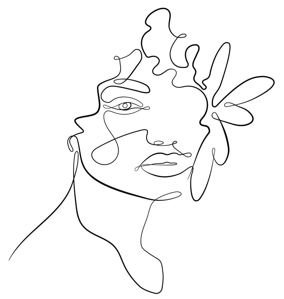 Female abstract face. Portrait. Drawing of a female face in a minimalist line style. Fashionable illustration for cosmetics. Continuous line Art. Fashionable minimal print. vector