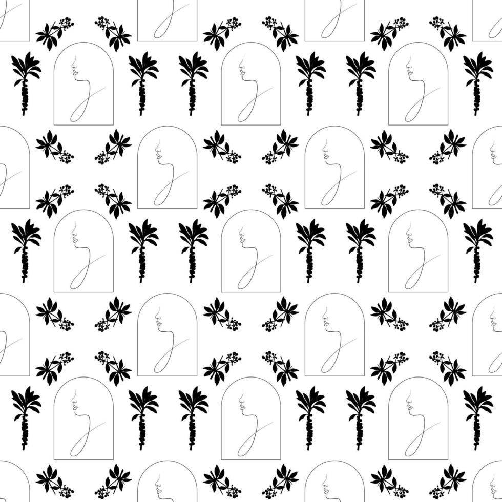 A continuous line drawing with a female face, leaves. Vector seamless pattern. Linear background of nature. The concept of fashion, minimalism. Modern design. Abstraction.