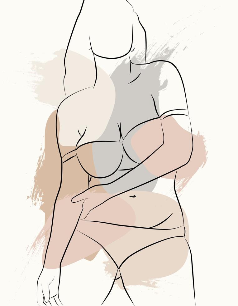 A simple body-positive elegant poster. Beautiful illustration of the line of a seductive female body. Minimalistic linear female figure. vector