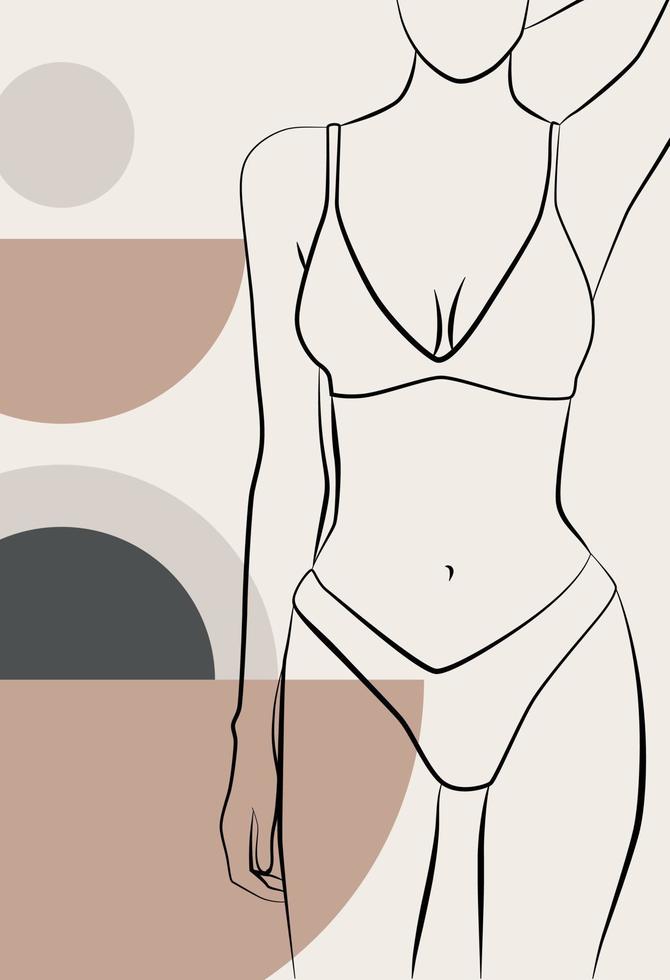 Abstract drawing with a female face, silhouette, elements of simple geometric shapes, in a linear drawing. Abstract. A woman's body. vector