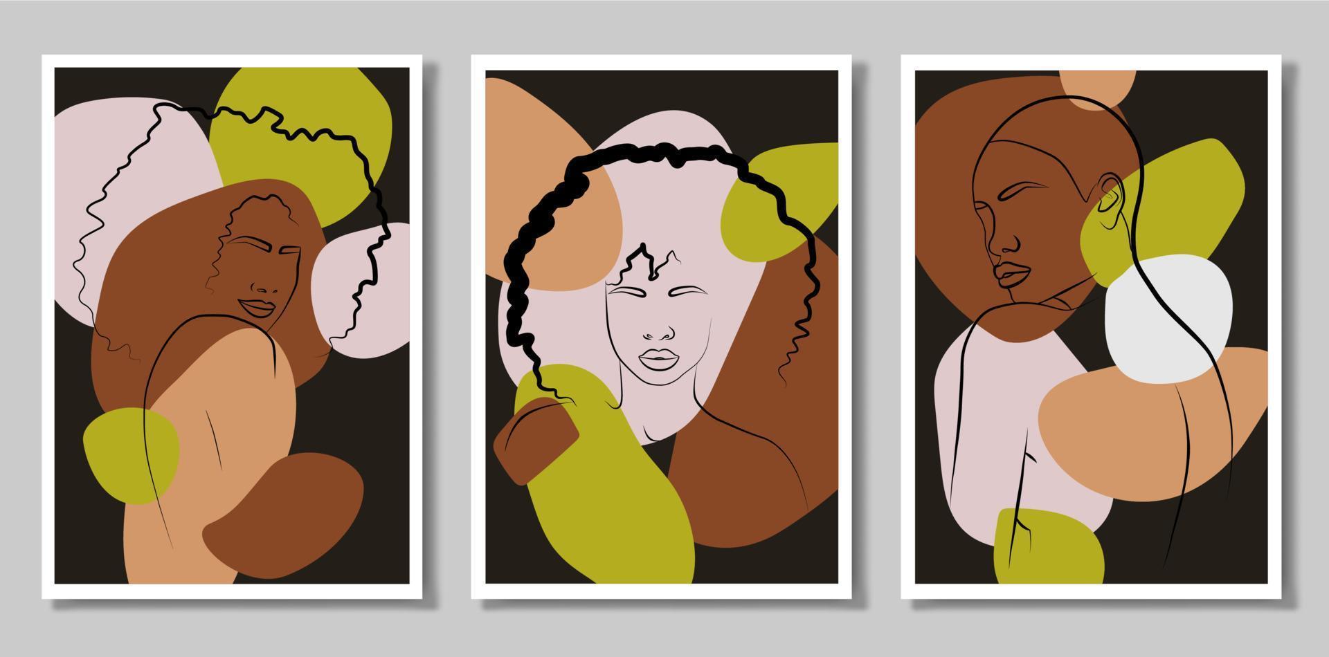 una chica en los trópicos. un conjunto de tres pinturas. retrato abstracto de una mujer joven en un estilo minimalista. líneas de dibujo hermosa mujer africana. arte mural al estilo del arte pop. vector