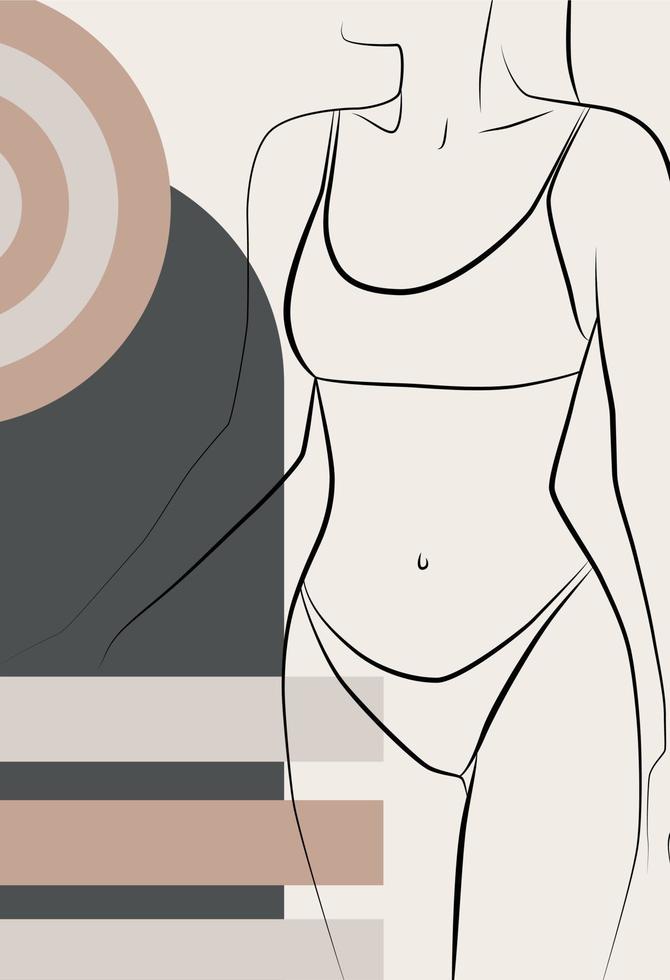 Abstract drawing with a female face, silhouette, elements of simple geometric shapes, in a linear drawing. Abstract. A woman's body. vector