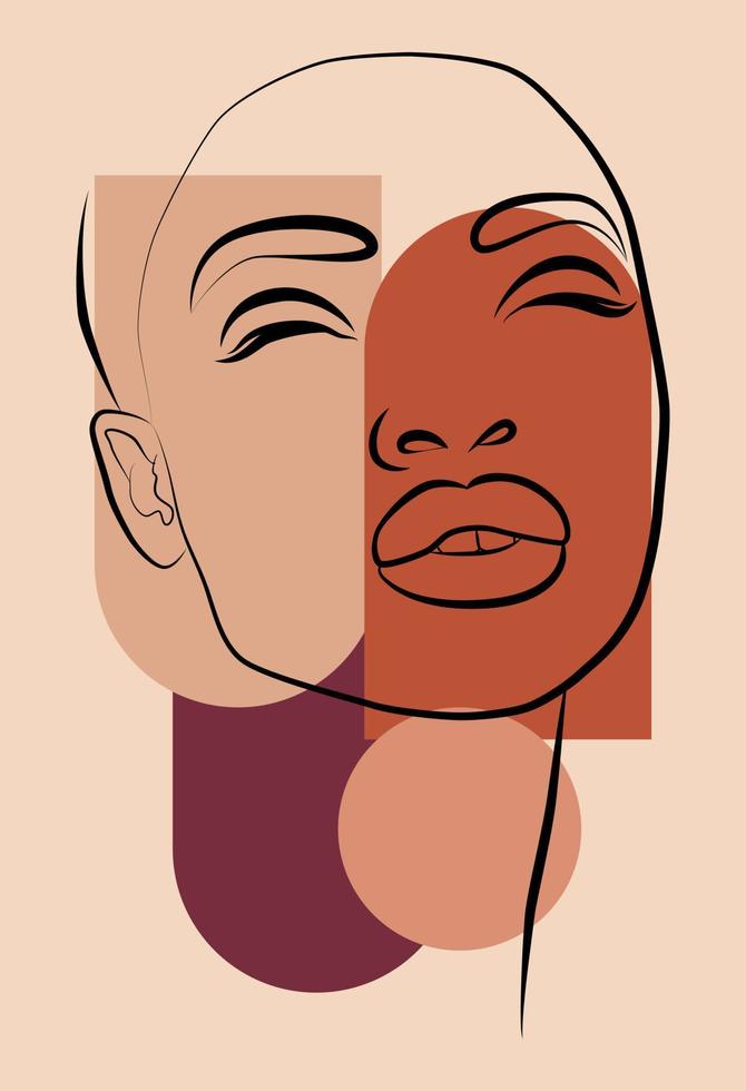 Vector portrait in minimalist style. Geometric shapes, leaves, female portrait. Hand-drawn abstract female print. Used for social media stories, beauty logos, poster illustrations.