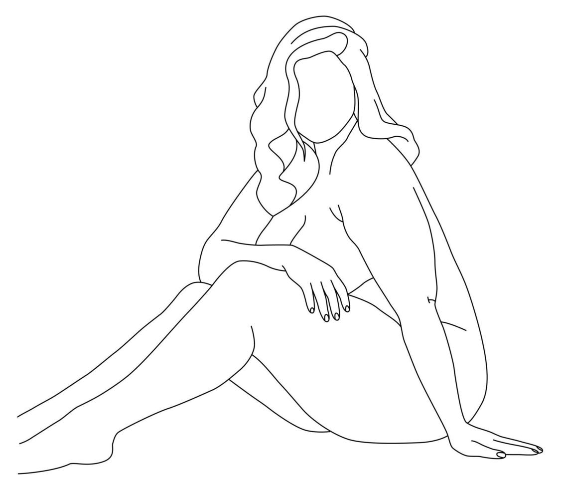 una mujer feliz, grande y regordeta con un hermoso cuerpo de talla grande. una belleza regordeta con una figura curvilínea. gente obesa y sexy moderna. arte lineal. vector