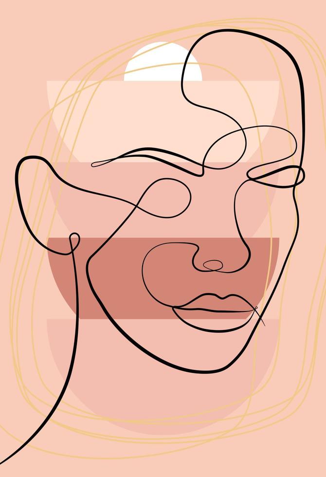 Female faces of the same line. Abstract geometric shapes. Continuous female portrait. Geometric shapes and floral elements in a modern minimalist style. vector