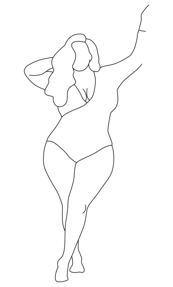 A simple body-positive elegant poster. Beautiful illustration of the line of a seductive female body. Minimalistic linear female figure. vector