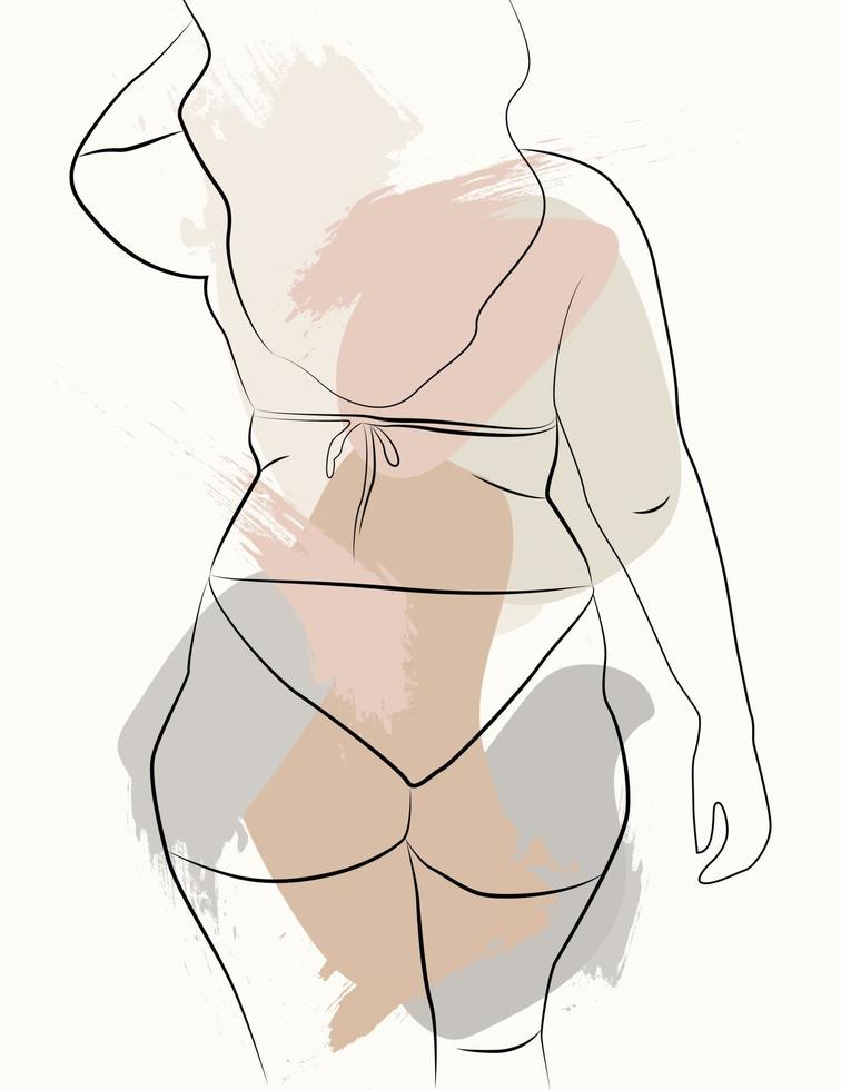 A simple body-positive elegant poster. Beautiful illustration of the line of a seductive female body. Minimalistic linear female figure. Abstract nude sensual linear art. vector