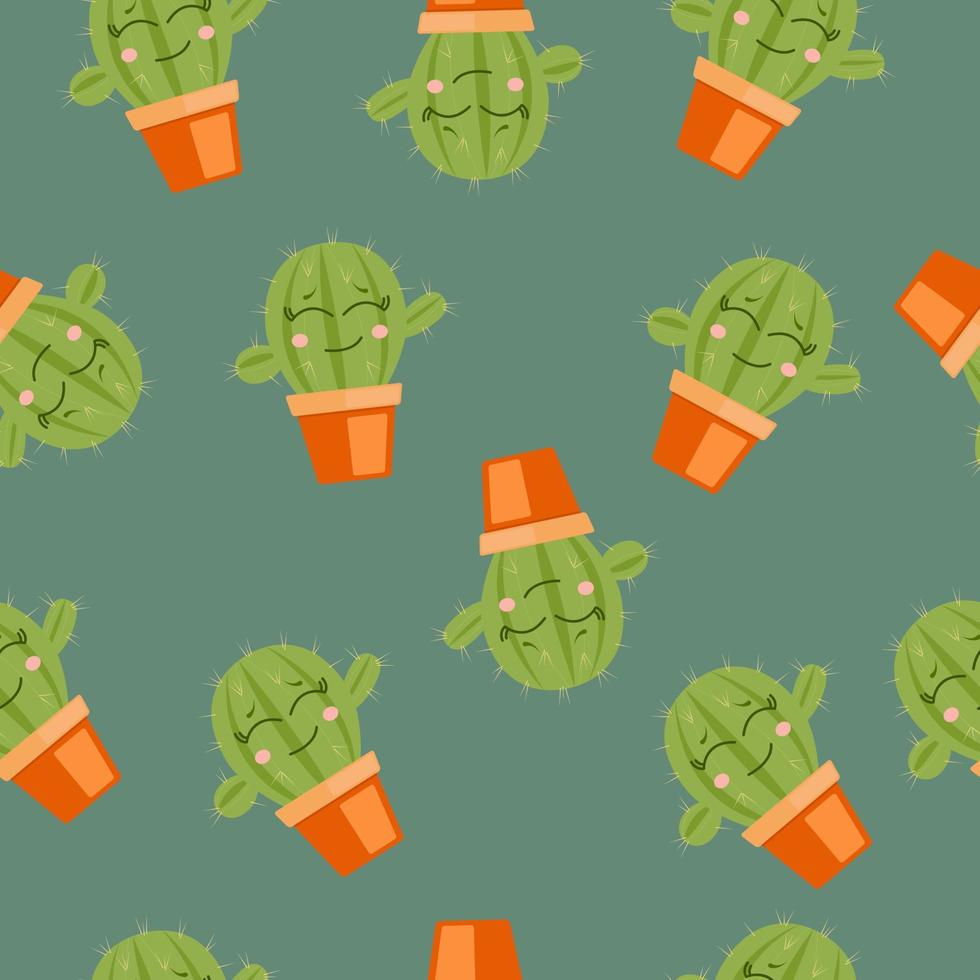Seamless pattern with green happy cactus in a pot on dark green background vector
