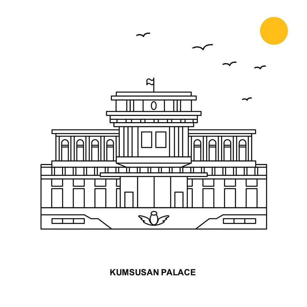 fondo de ilustración natural de viajes mundiales monumento del palacio kumsusan en estilo de línea vector