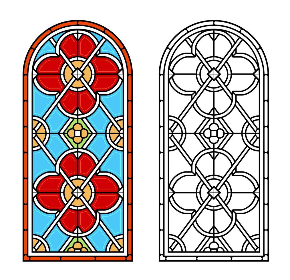 Arched vintage old window with stained glass vector