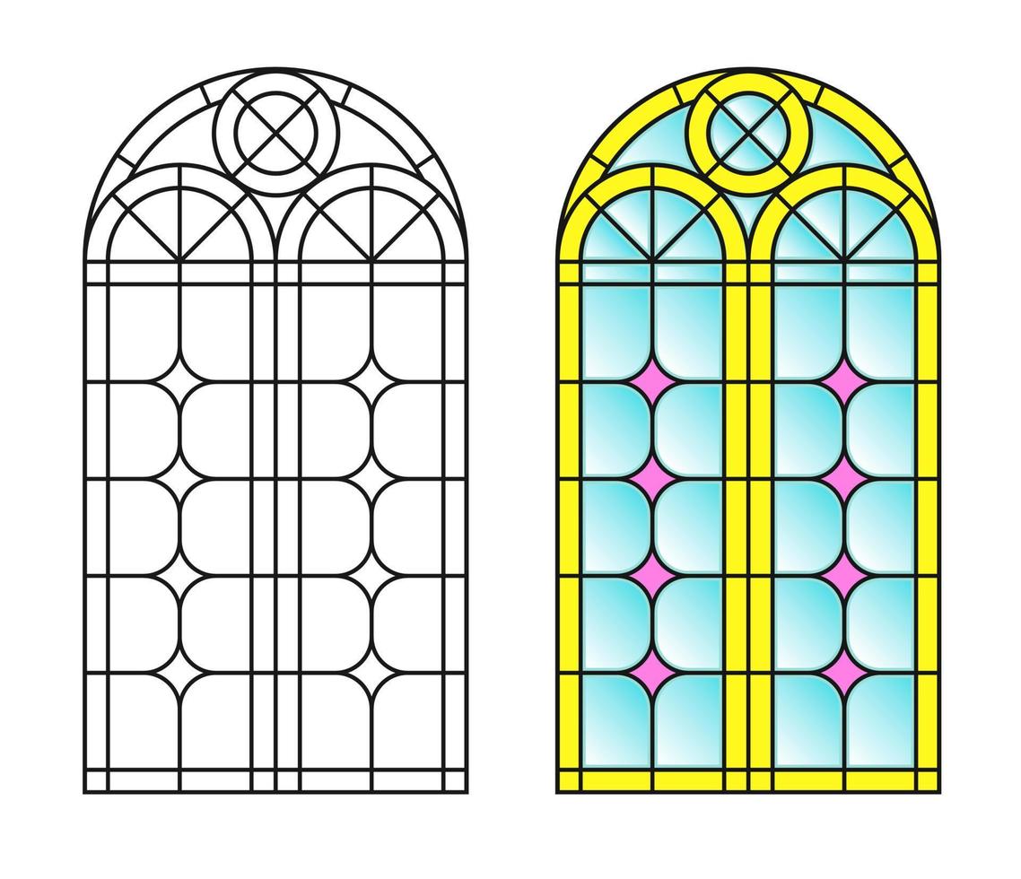 Arched vintage old window with stained glass vector