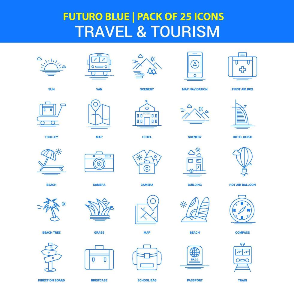 iconos de viajes y turismo futuro blue 25 icon pack vector