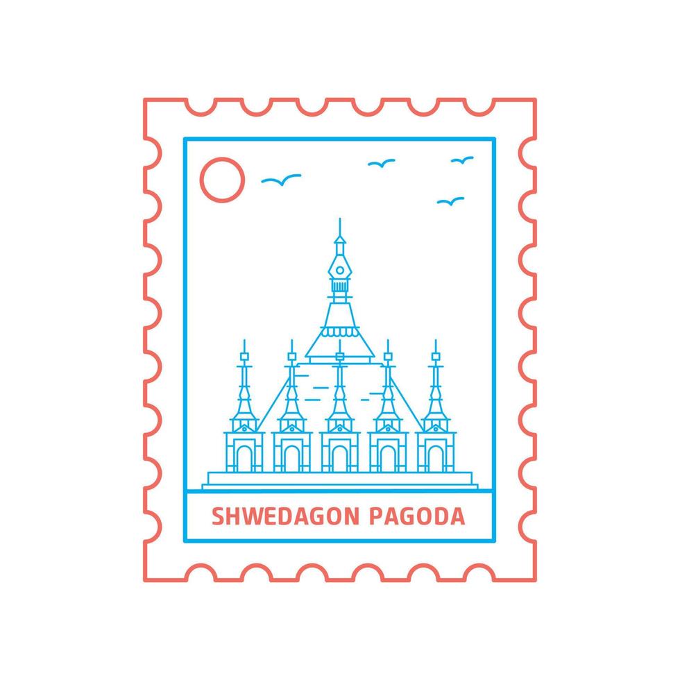 SHWEDAGON PAGODA postage stamp Blue and red Line Style vector illustration