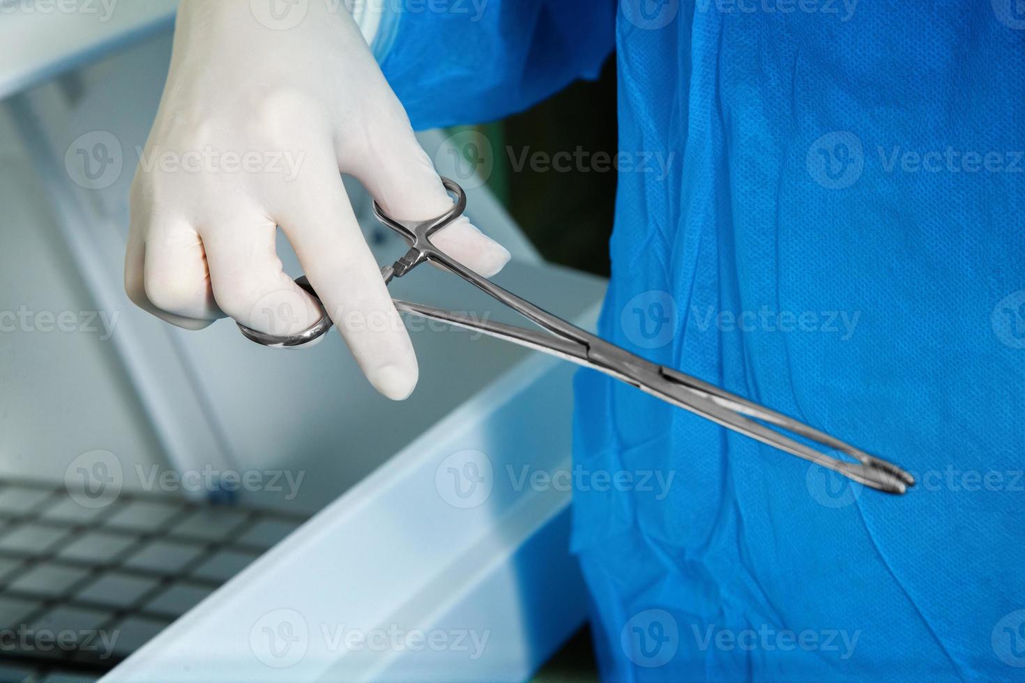 fórceps fotográficos en manos de un médico con guantes de látex foto