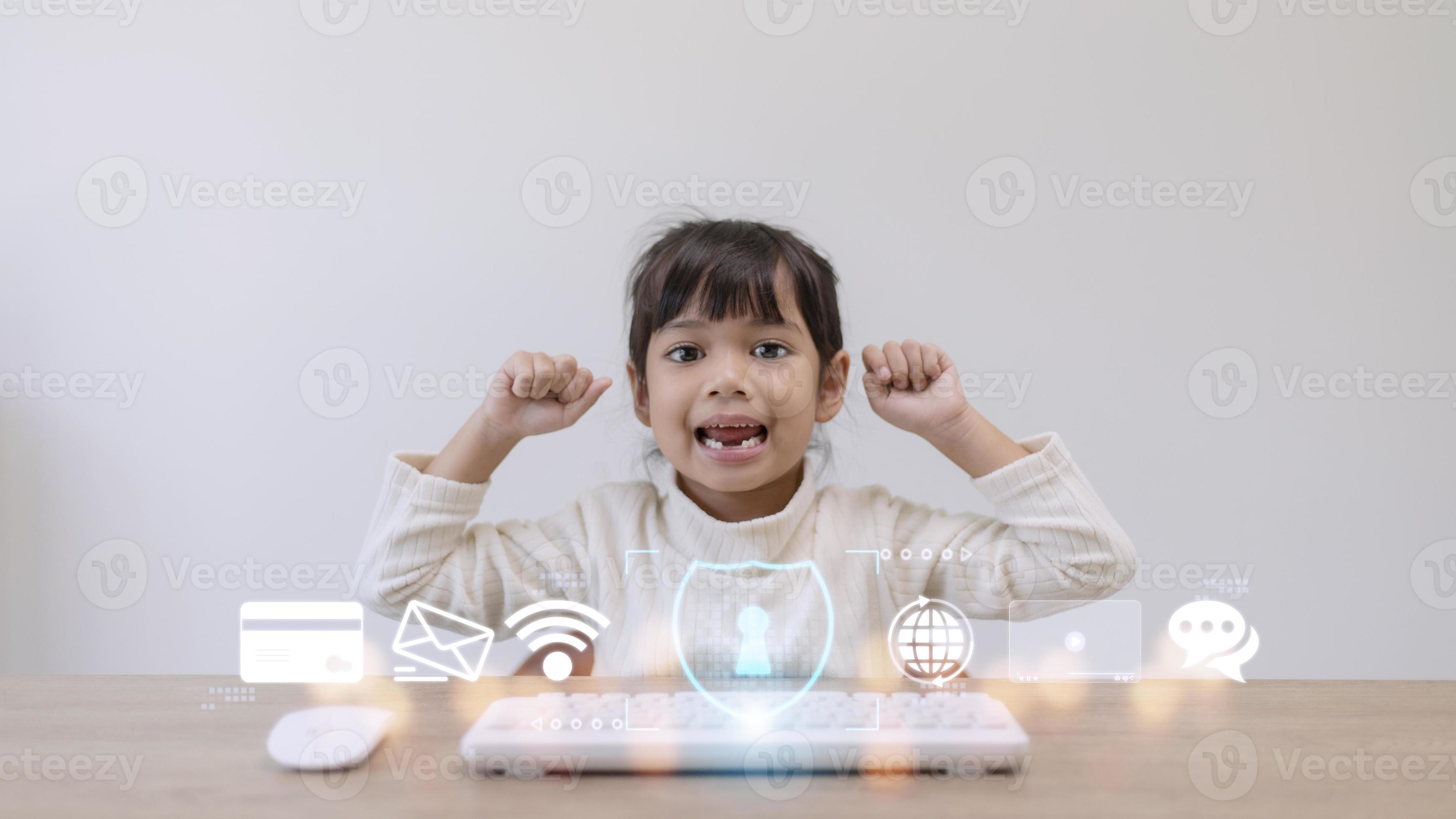 Child safety online. Little girl using laptop at home. icon of