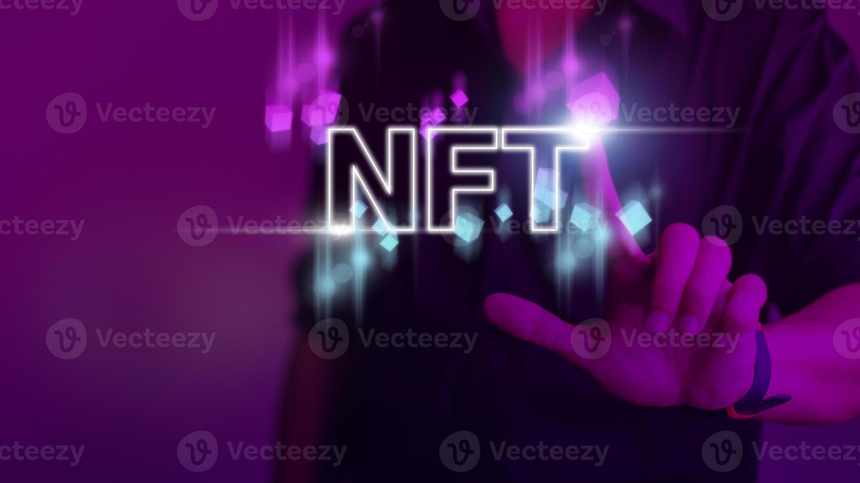 businessman finger touch virtual screen, NFT token digital crypto art blockchain technology concept photo