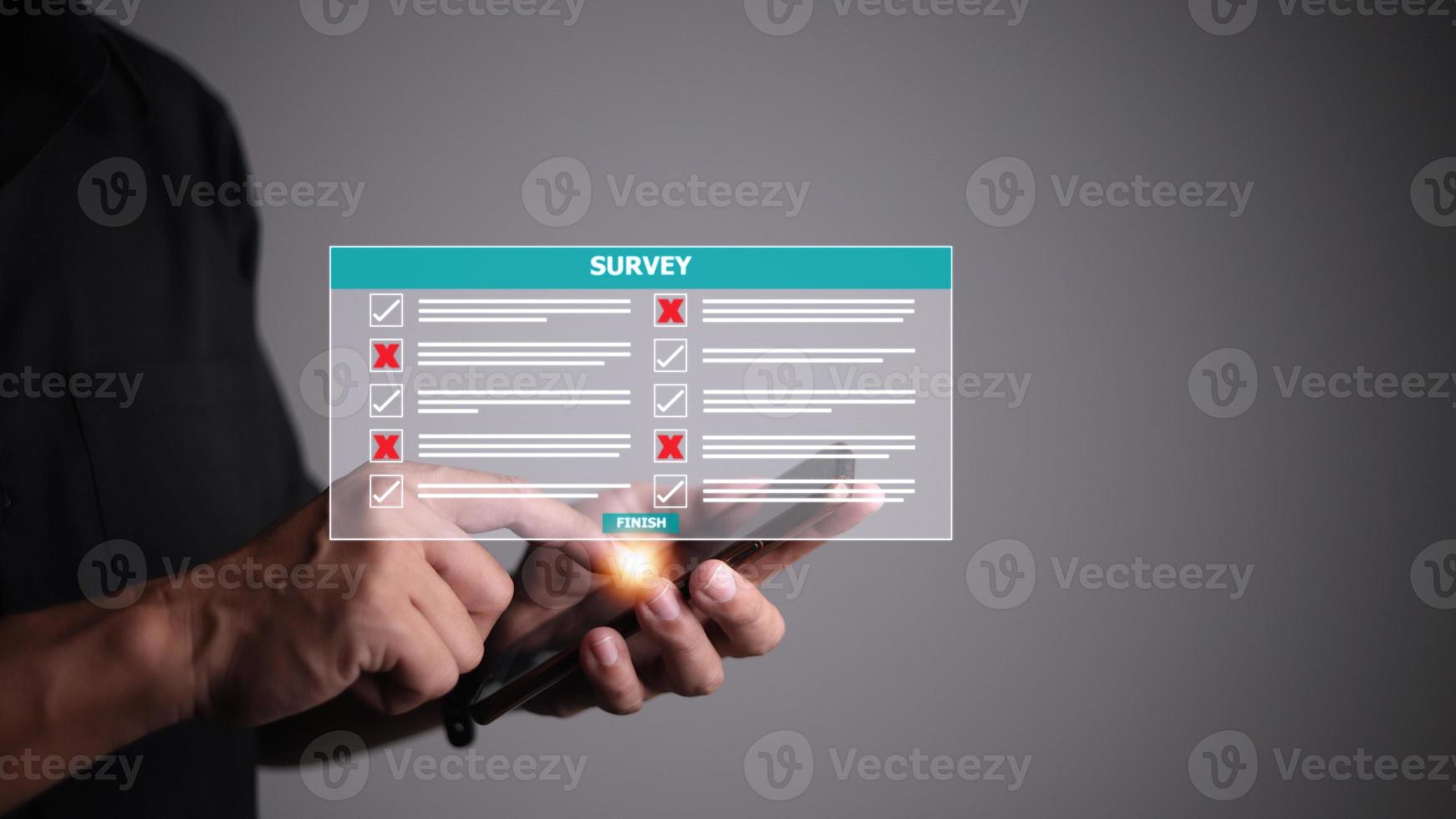 Survey form concept. Check marks on checklist and Filling online form or answering questions. Customer Experiences and satisfaction concept. photo