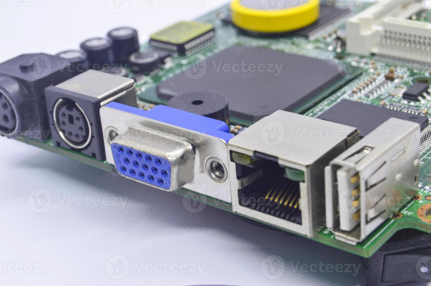 Close-up side view of the motherboard, seeing the various ports. photo